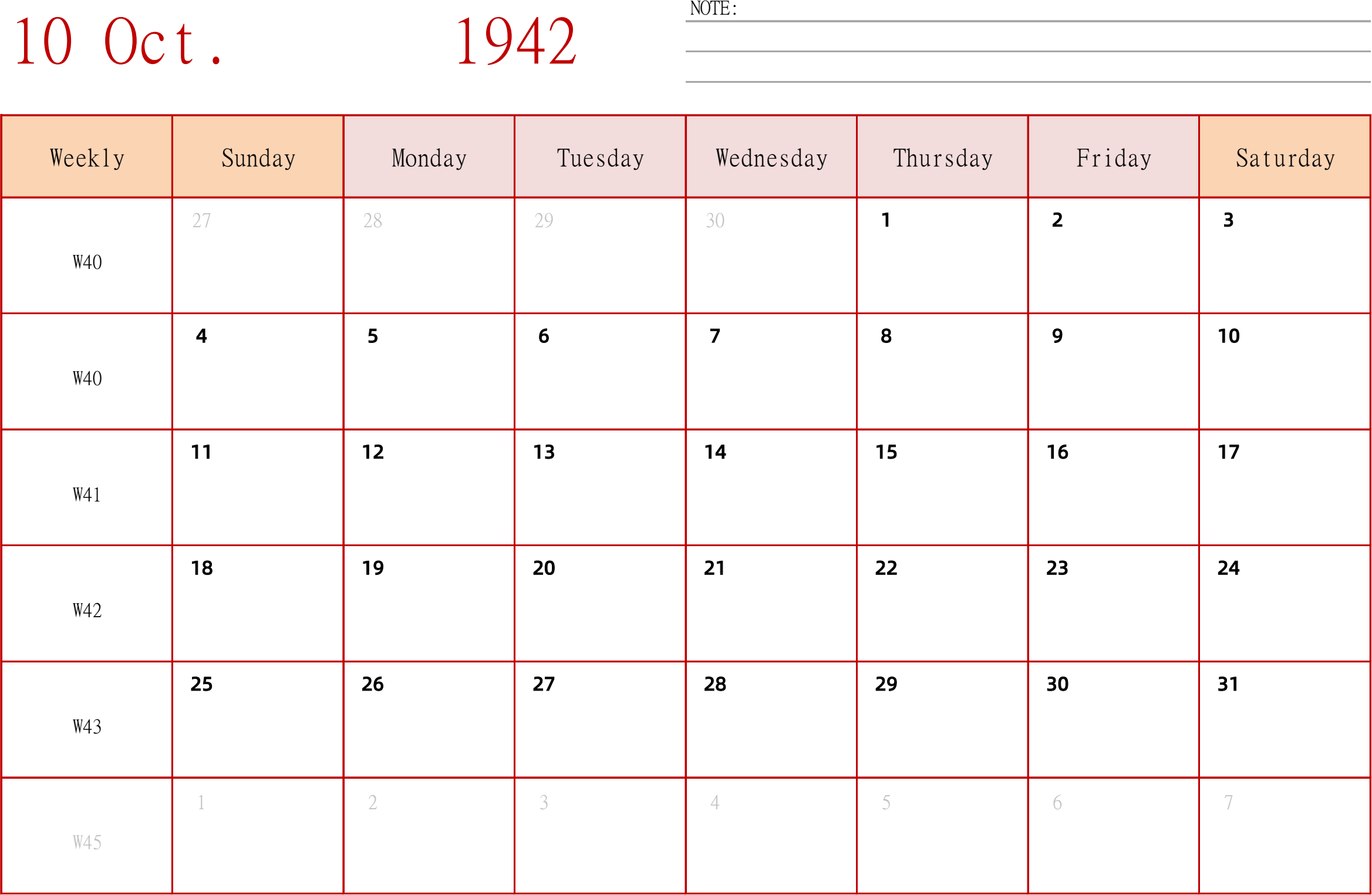 日历表1942年日历 英文版 横向排版 周日开始 带周数